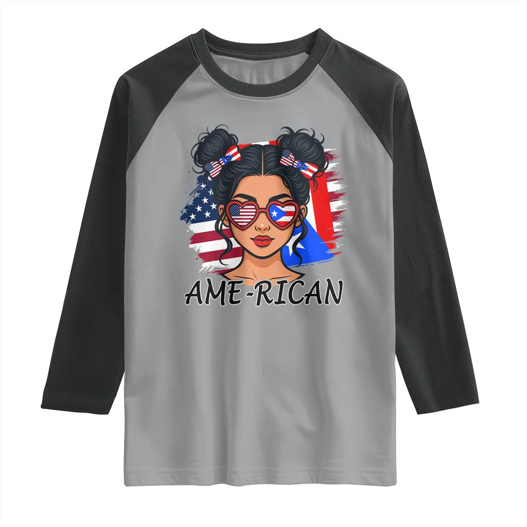 Puerto Rican American Girl Raglan Shirt AME-RICAN Boricua Pride TS10 Sport Gray Black Print Your Wear