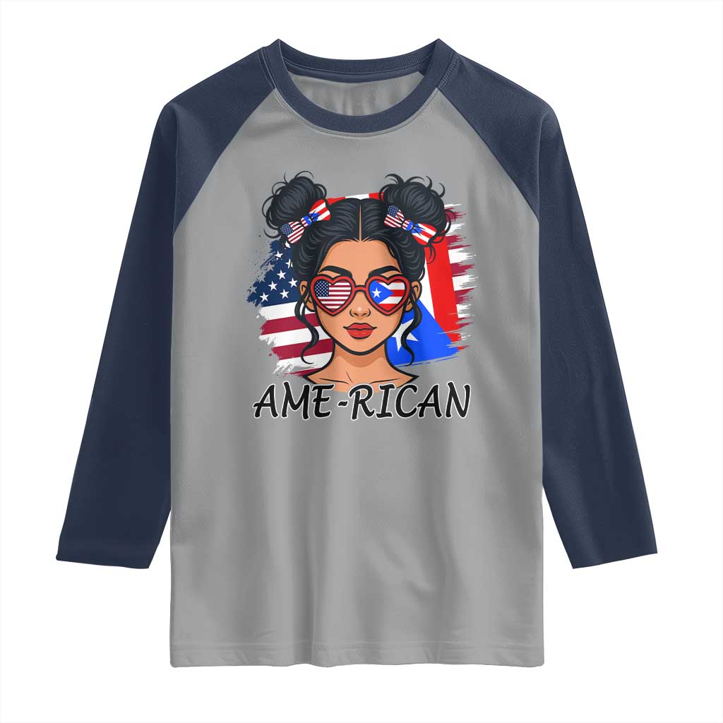 Puerto Rican American Girl Raglan Shirt AME-RICAN Boricua Pride TS10 Sport Gray Navy Print Your Wear