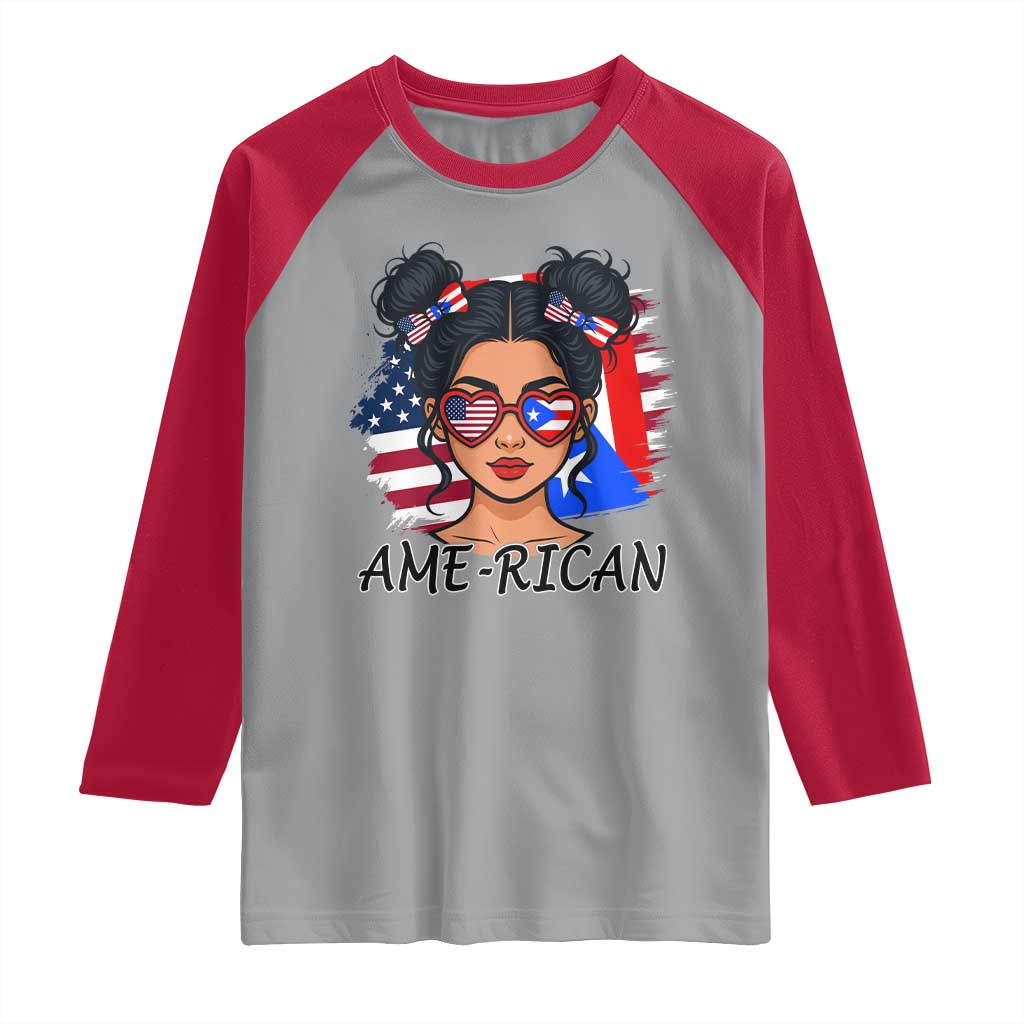 Puerto Rican American Girl Raglan Shirt AME-RICAN Boricua Pride TS10 Sport Gray Red Print Your Wear