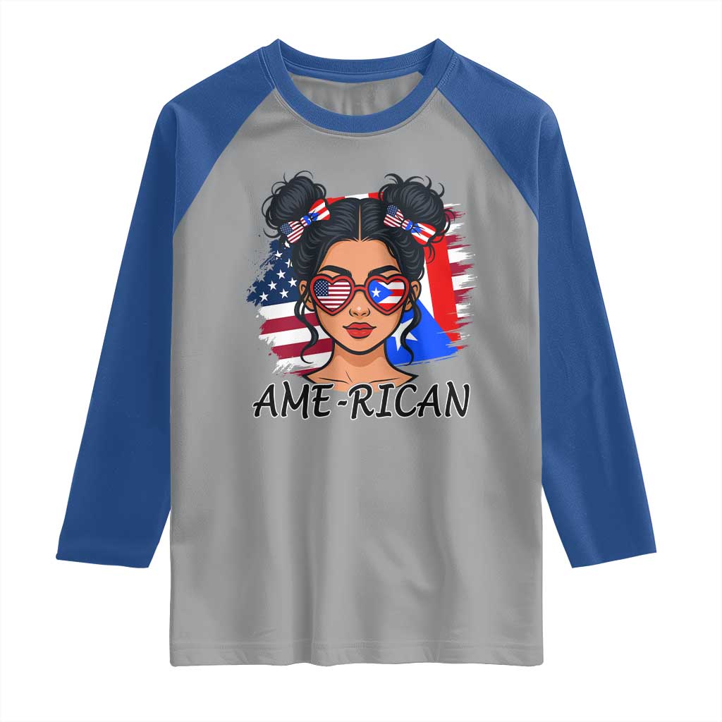 Puerto Rican American Girl Raglan Shirt AME-RICAN Boricua Pride TS10 Sport Gray Royal Print Your Wear