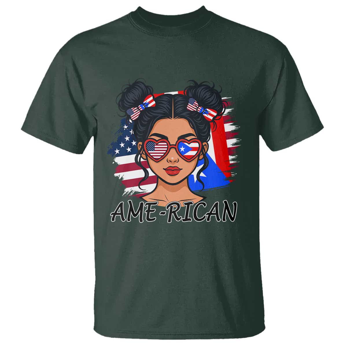 Puerto Rican American Girl T Shirt AME-RICAN Boricua Pride TS10 Dark Forest Green Print Your Wear