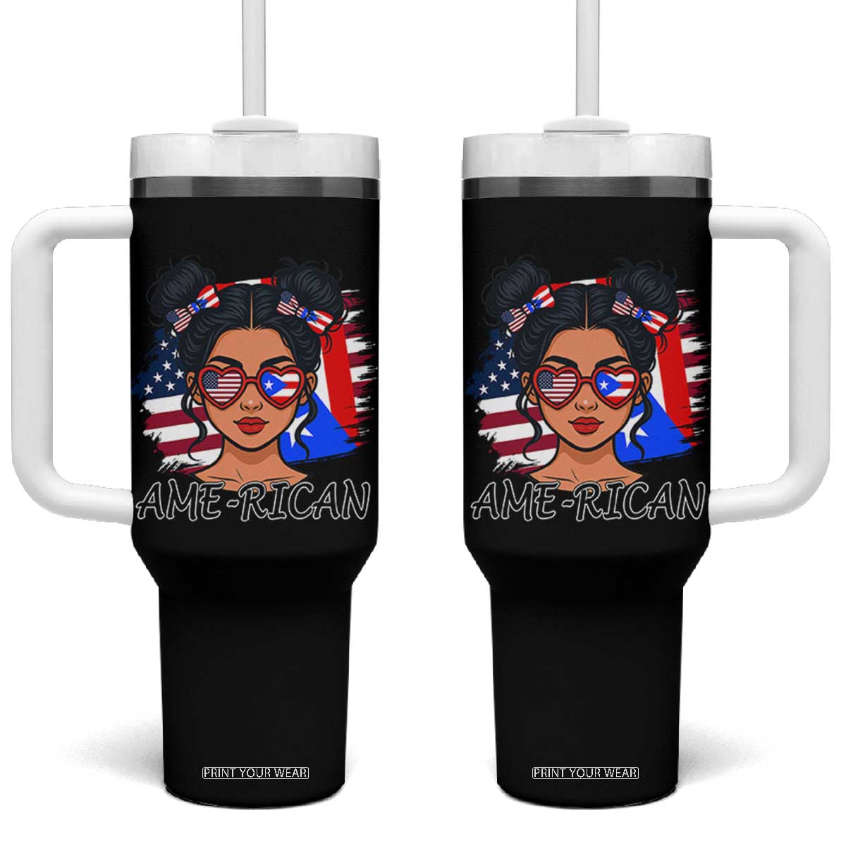 Puerto Rican American Girl Tumbler With Handle AME-RICAN Boricua Pride TS10 One Size: 40 oz Black Print Your Wear