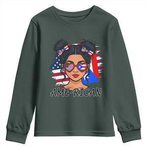 Puerto Rican American Girl Youth Sweatshirt AME-RICAN Boricua Pride TS10 Dark Forest Green Print Your Wear