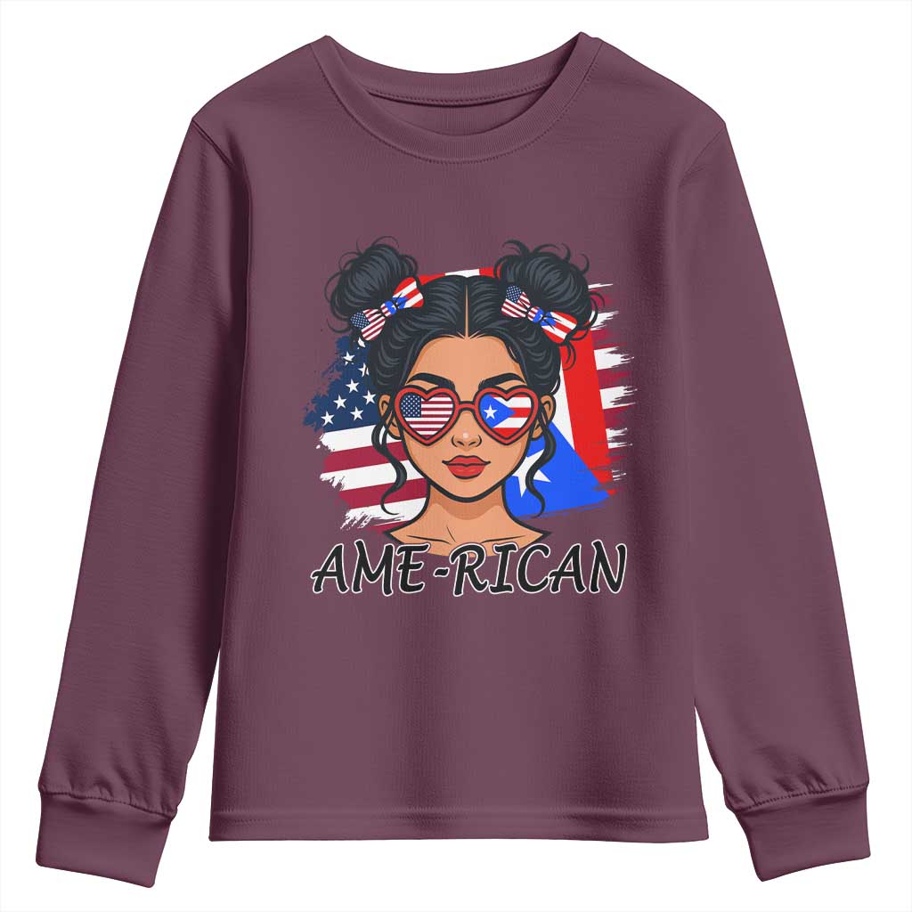 Puerto Rican American Girl Youth Sweatshirt AME-RICAN Boricua Pride TS10 Maroon Print Your Wear