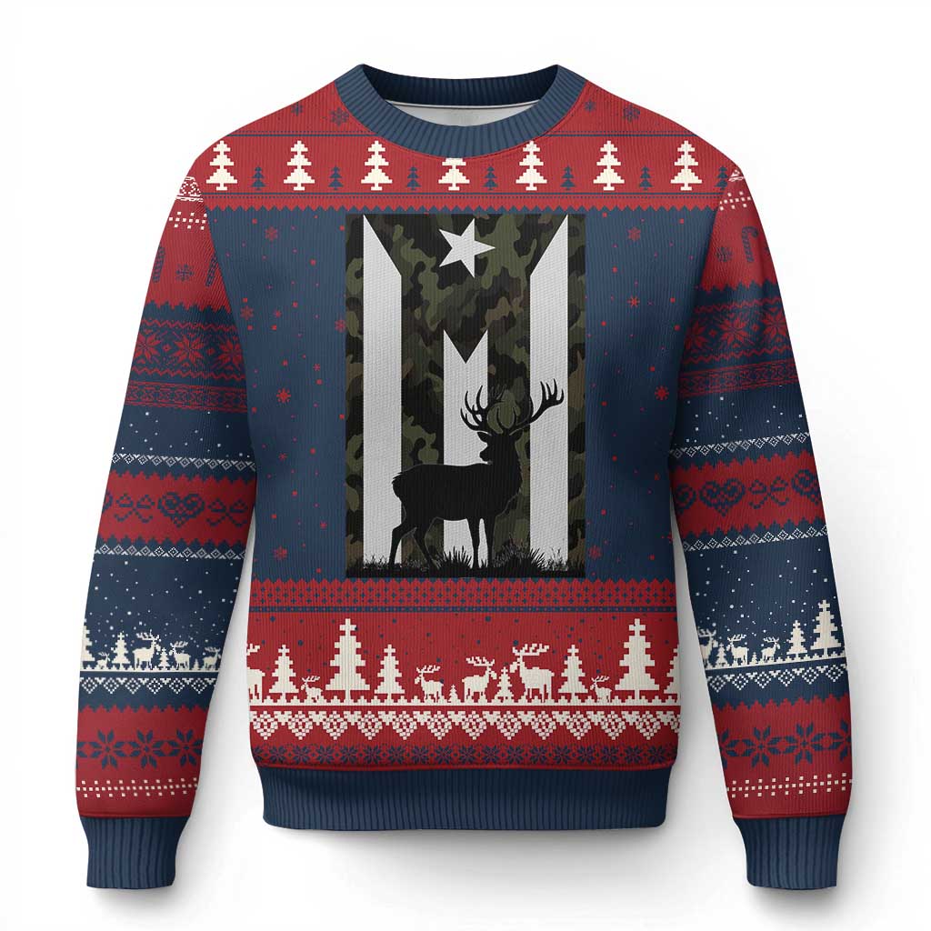Deer Hunting Camo Puerto Rican Flag Ugly Christmas Sweater Boricua Hunters TS10 Navy Red Print Your Wear