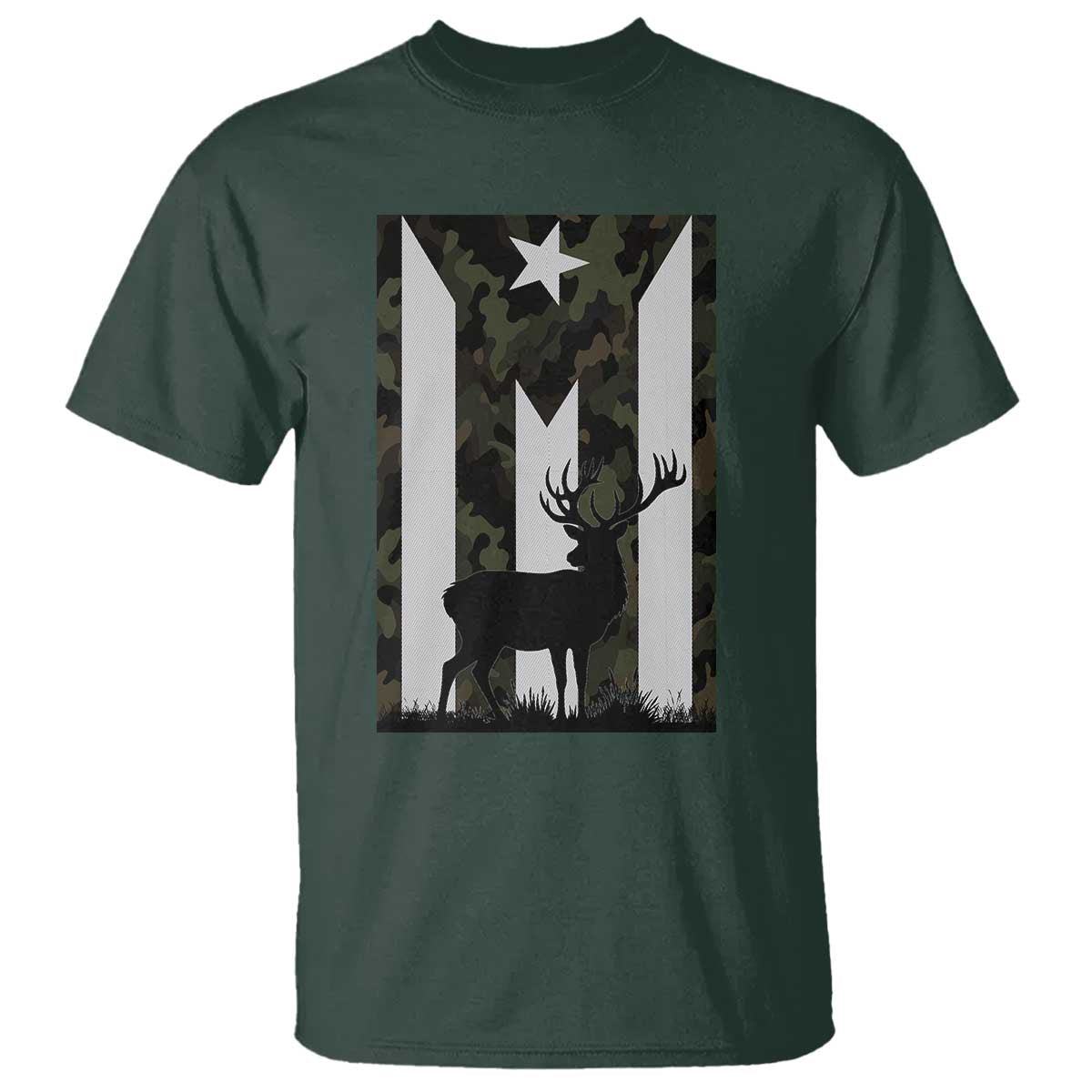 Deer Hunting Camo Puerto Rican Flag T Shirt Boricua Hunters TS10 Dark Forest Green Print Your Wear