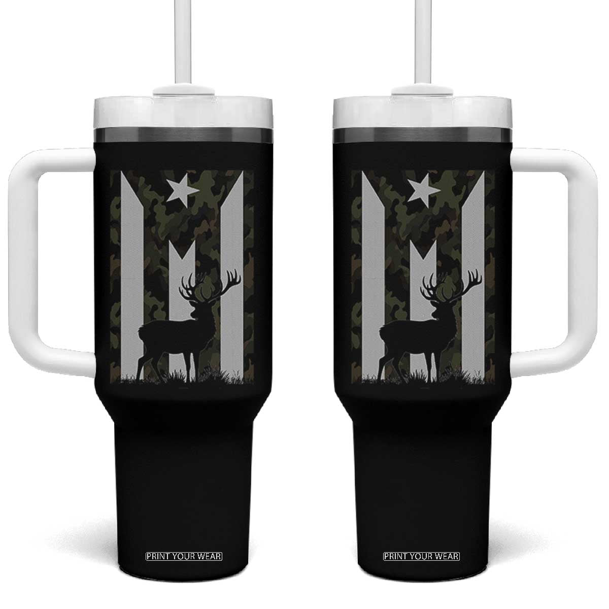 Deer Hunting Camo Puerto Rican Flag Tumbler With Handle Boricua Hunters TS10 One Size: 40 oz Black Print Your Wear