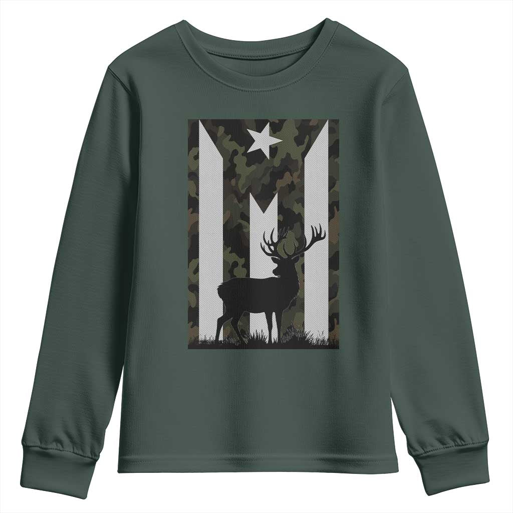 Deer Hunting Camo Puerto Rican Flag Youth Sweatshirt Boricua Hunters TS10 Dark Forest Green Print Your Wear