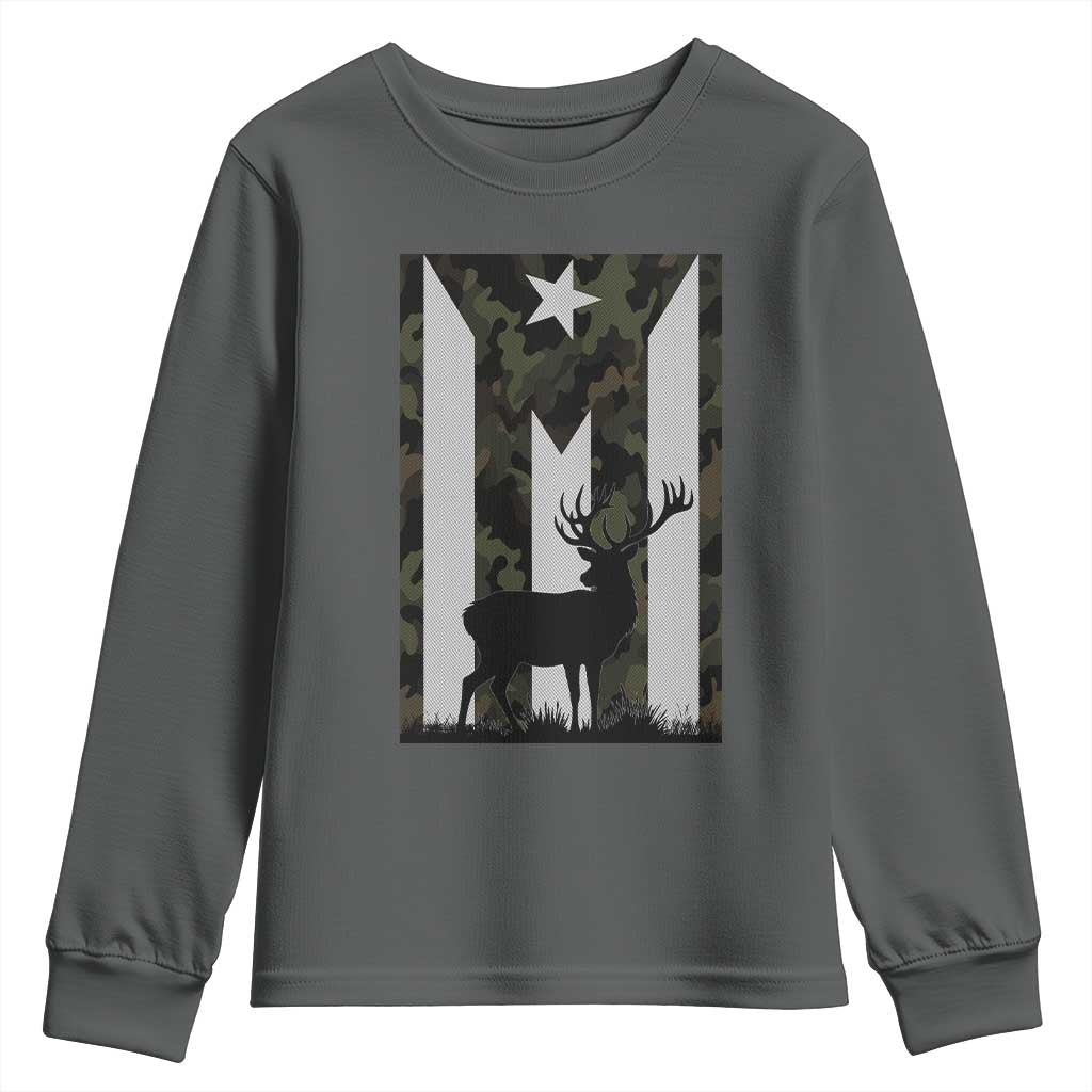 Deer Hunting Camo Puerto Rican Flag Youth Sweatshirt Boricua Hunters TS10 Dark Heather Print Your Wear