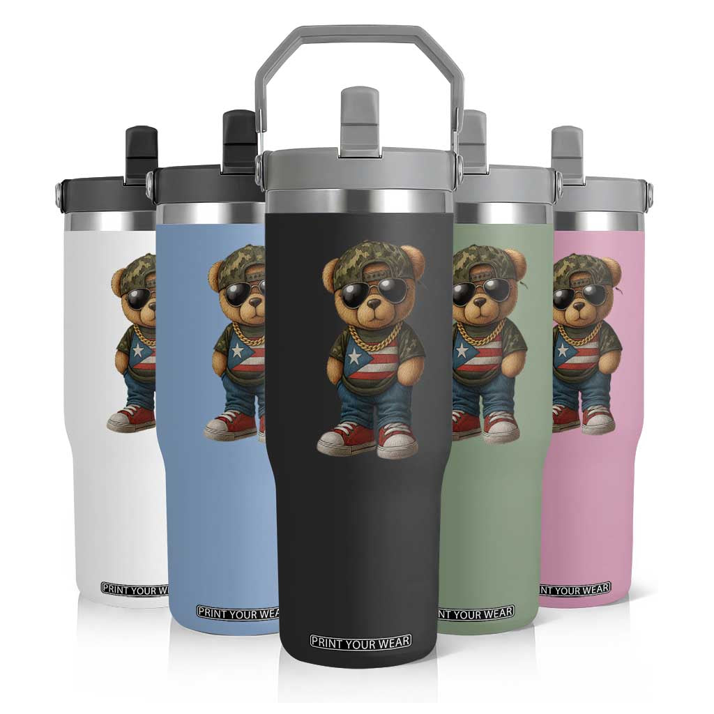 Camo Teddy Bear Puerto Rico Flag Flip Straw Tumbler Camouflage Rican Boricua TS10 Print Your Wear