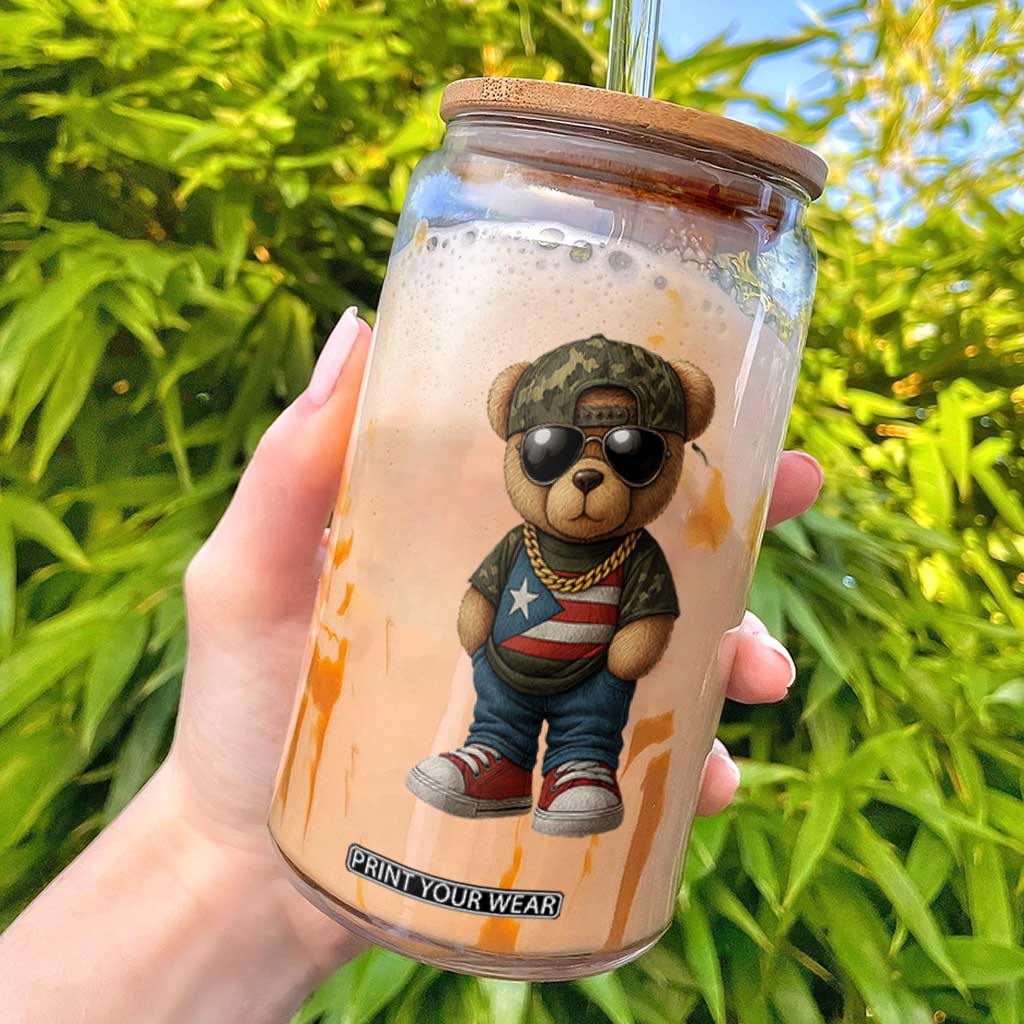 Camo Teddy Bear Puerto Rico Flag Glass Can Camouflage Rican Boricua TS10 Black Print Your Wear
