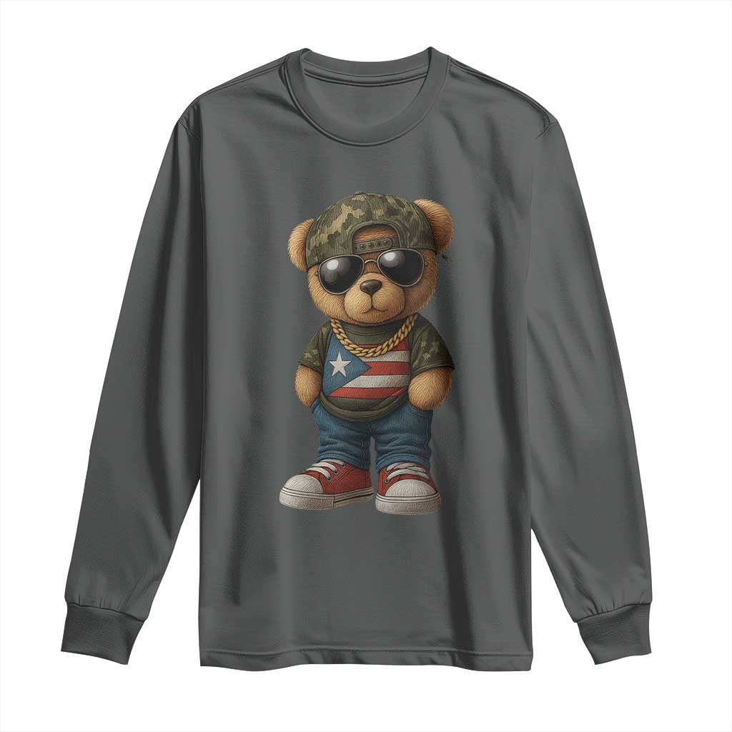 Camo Teddy Bear Puerto Rico Flag Long Sleeve Shirt Camouflage Rican Boricua TS10 Dark Heather Print Your Wear