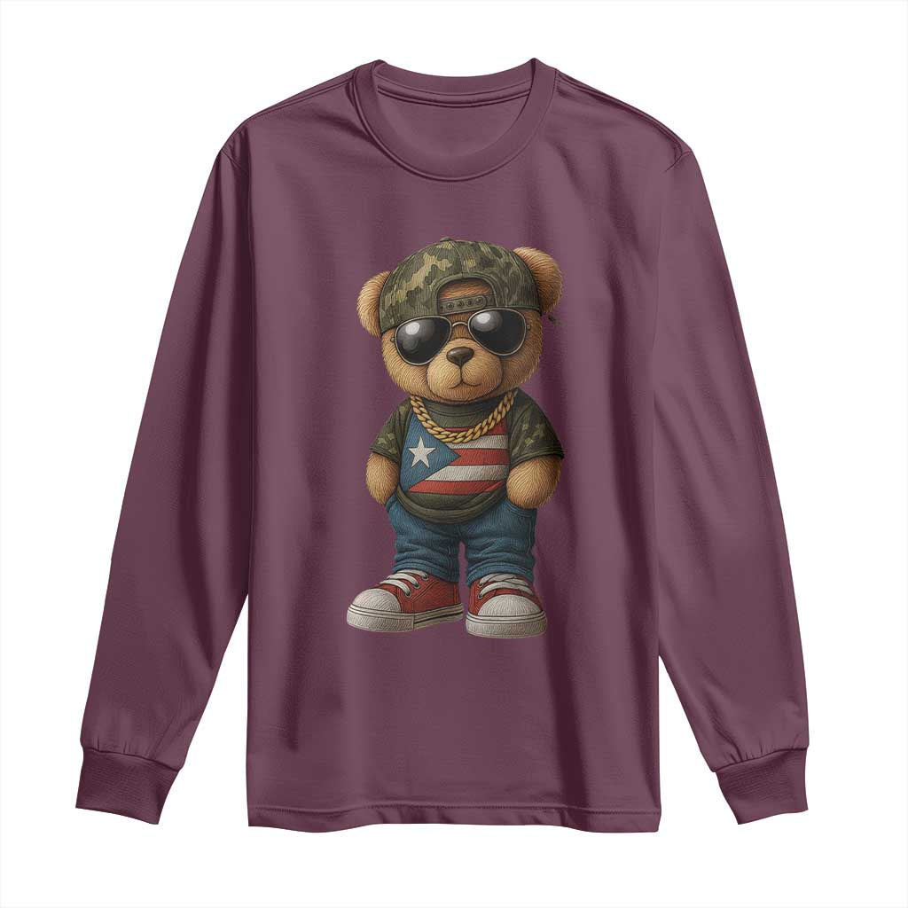 Camo Teddy Bear Puerto Rico Flag Long Sleeve Shirt Camouflage Rican Boricua TS10 Maroon Print Your Wear