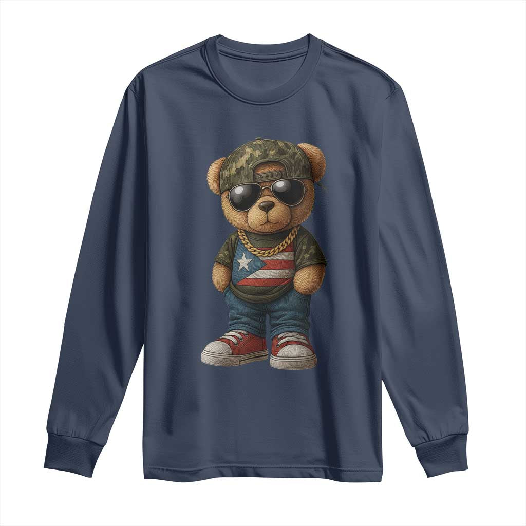 Camo Teddy Bear Puerto Rico Flag Long Sleeve Shirt Camouflage Rican Boricua TS10 Navy Print Your Wear