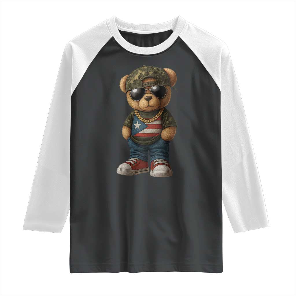 Camo Teddy Bear Puerto Rico Flag Raglan Shirt Camouflage Rican Boricua TS10 Black White Print Your Wear