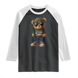 Camo Teddy Bear Puerto Rico Flag Raglan Shirt Camouflage Rican Boricua TS10 Black White Print Your Wear