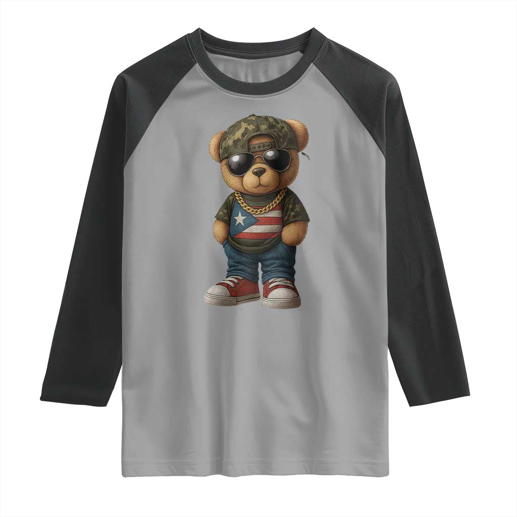 Camo Teddy Bear Puerto Rico Flag Raglan Shirt Camouflage Rican Boricua TS10 Sport Gray Black Print Your Wear