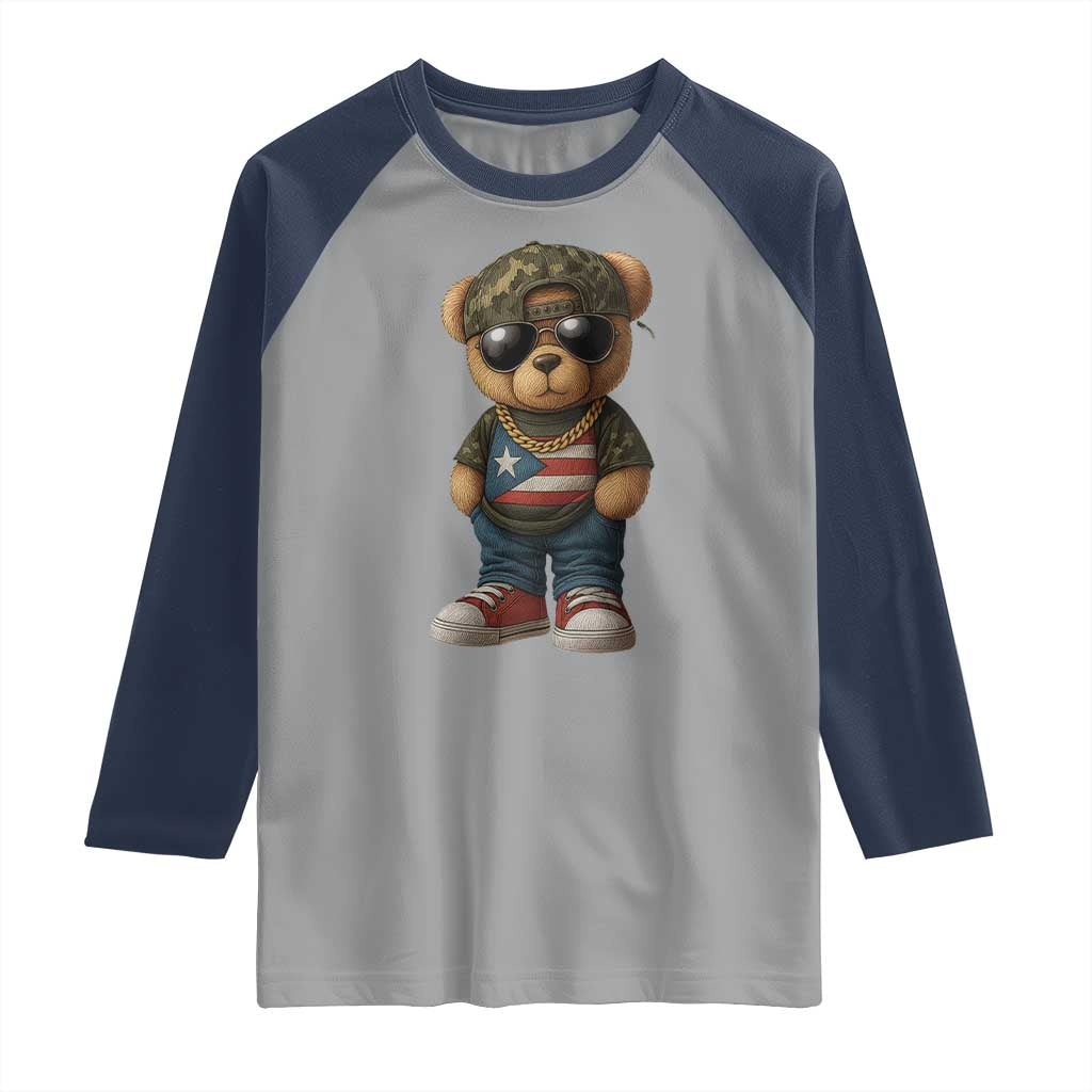 Camo Teddy Bear Puerto Rico Flag Raglan Shirt Camouflage Rican Boricua TS10 Sport Gray Navy Print Your Wear