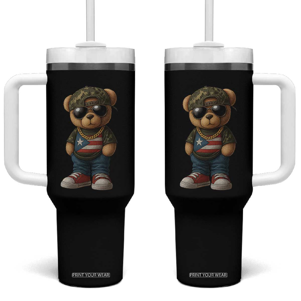 Camo Teddy Bear Puerto Rico Flag Tumbler With Handle Camouflage Rican Boricua TS10 One Size: 40 oz Black Print Your Wear
