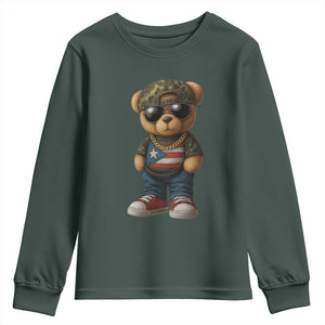 Camo Teddy Bear Puerto Rico Flag Youth Sweatshirt Camouflage Rican Boricua TS10 Dark Forest Green Print Your Wear