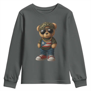 Camo Teddy Bear Puerto Rico Flag Youth Sweatshirt Camouflage Rican Boricua TS10 Dark Heather Print Your Wear