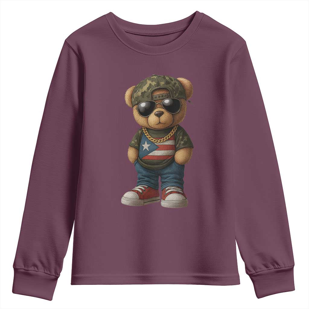 Camo Teddy Bear Puerto Rico Flag Youth Sweatshirt Camouflage Rican Boricua TS10 Maroon Print Your Wear