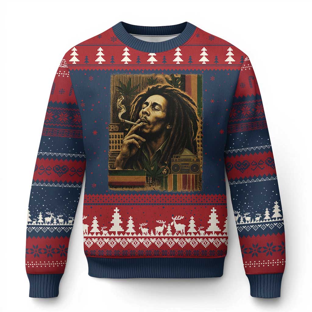 Vintage Marley Guitarist Ugly Christmas Sweater Rastaman Rastafari Music Vibes Only Rasta Jamaica Reggae TS10 Navy Red Print Your Wear