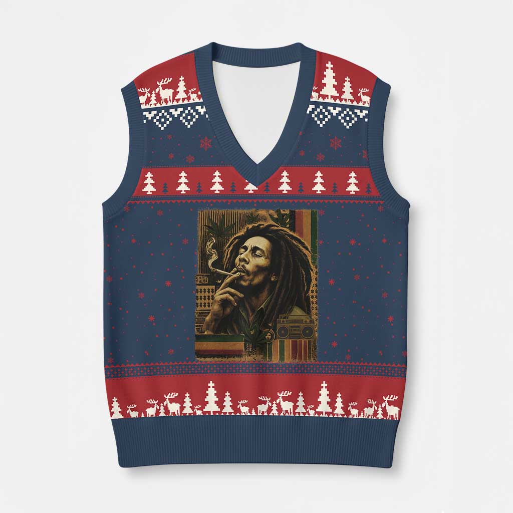 Vintage Marley Guitarist V-Neck Knit Sweater Vest Rastaman Rastafari Music Vibes Only Rasta Jamaica Reggae TS10 Navy Red Print Your Wear