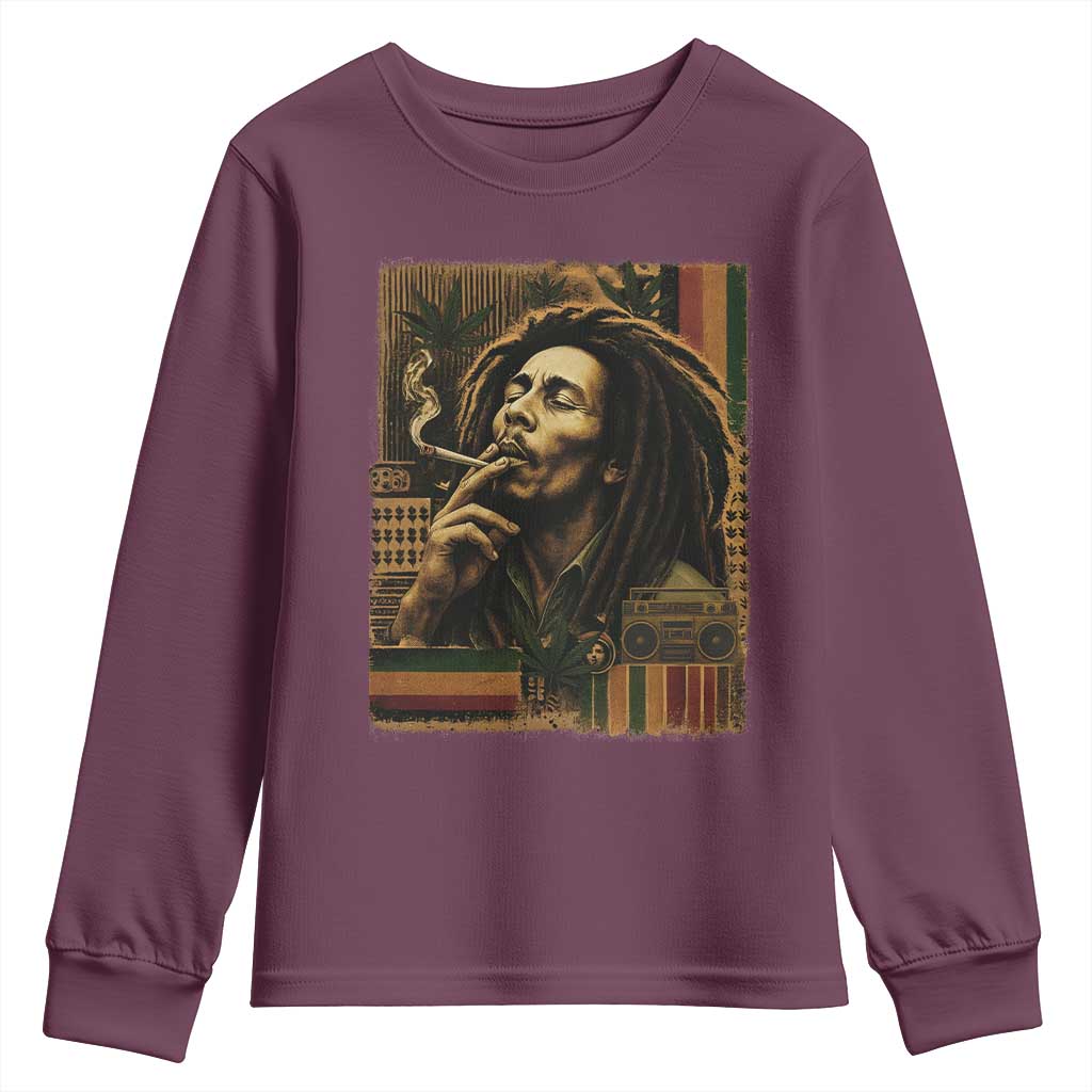 Vintage Marley Guitarist Youth Sweatshirt Rastaman Rastafari Music Vibes Only Rasta Jamaica Reggae TS10 Maroon Print Your Wear