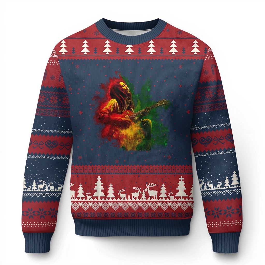 Marley Guitarist Ugly Christmas Sweater Smoke Cannabis Leaf 420 Rastafari Rasta Reggae Music TS10 Navy Red Print Your Wear