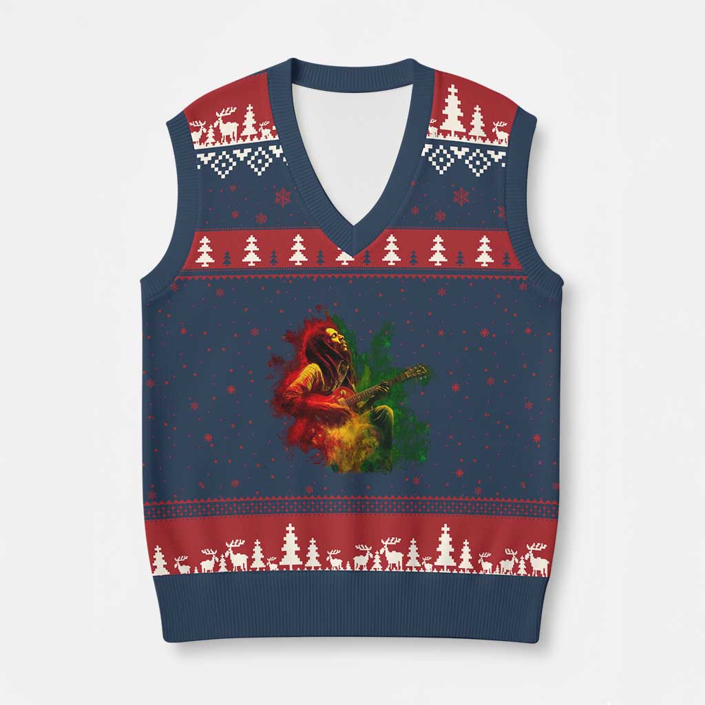 Marley Guitarist V-Neck Knit Sweater Vest Smoke Cannabis Leaf 420 Rastafari Rasta Reggae Music TS10 Navy Red Print Your Wear