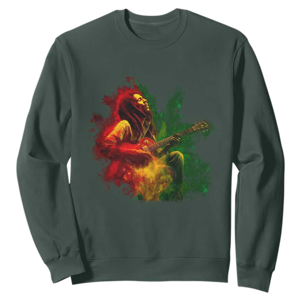 Marley Guitarist Sweatshirt Smoke Cannabis Leaf 420 Rastafari Rasta Reggae Music TS10 Dark Forest Green Print Your Wear