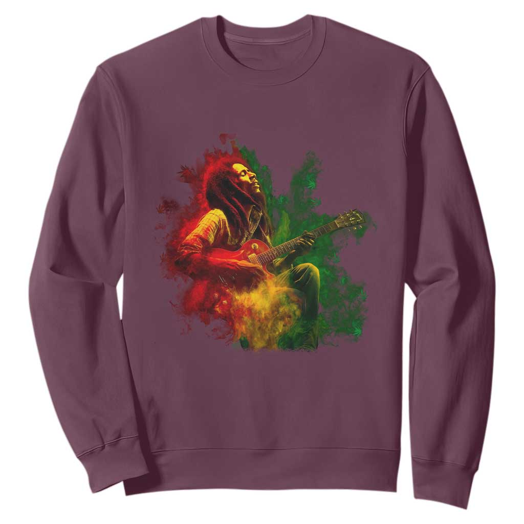Marley Guitarist Sweatshirt Smoke Cannabis Leaf 420 Rastafari Rasta Reggae Music TS10 Maroon Print Your Wear