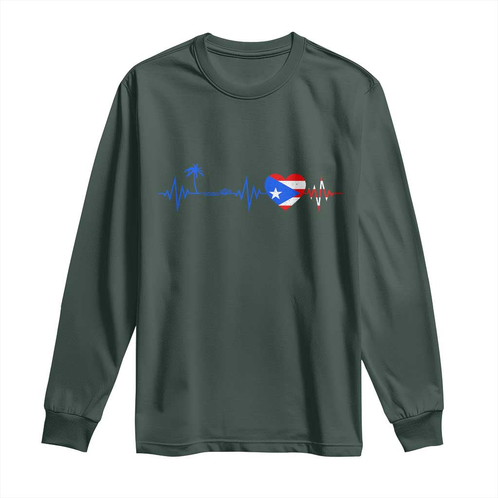 Puerto Rico Flag Long Sleeve Shirt Heartbeat EKG Pulse Boricua Pride Summer Beach TS10 Dark Forest Green Print Your Wear