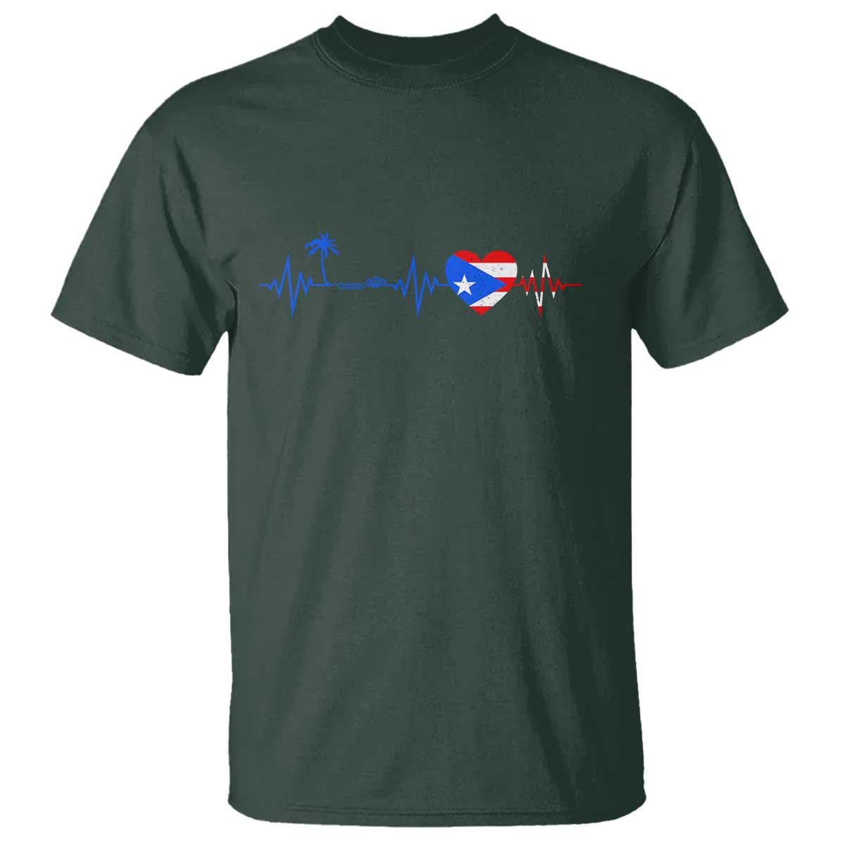 Puerto Rico Flag T Shirt Heartbeat EKG Pulse Boricua Pride Summer Beach TS10 Dark Forest Green Print Your Wear