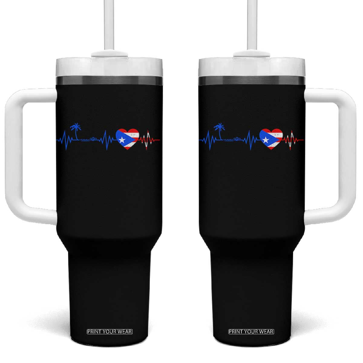 Puerto Rico Flag Tumbler With Handle Heartbeat EKG Pulse Boricua Pride Summer Beach TS10 One Size: 40 oz Black Print Your Wear