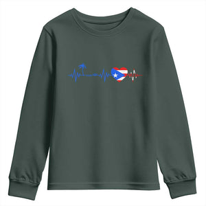 Puerto Rico Flag Youth Sweatshirt Heartbeat EKG Pulse Boricua Pride Summer Beach TS10 Dark Forest Green Print Your Wear