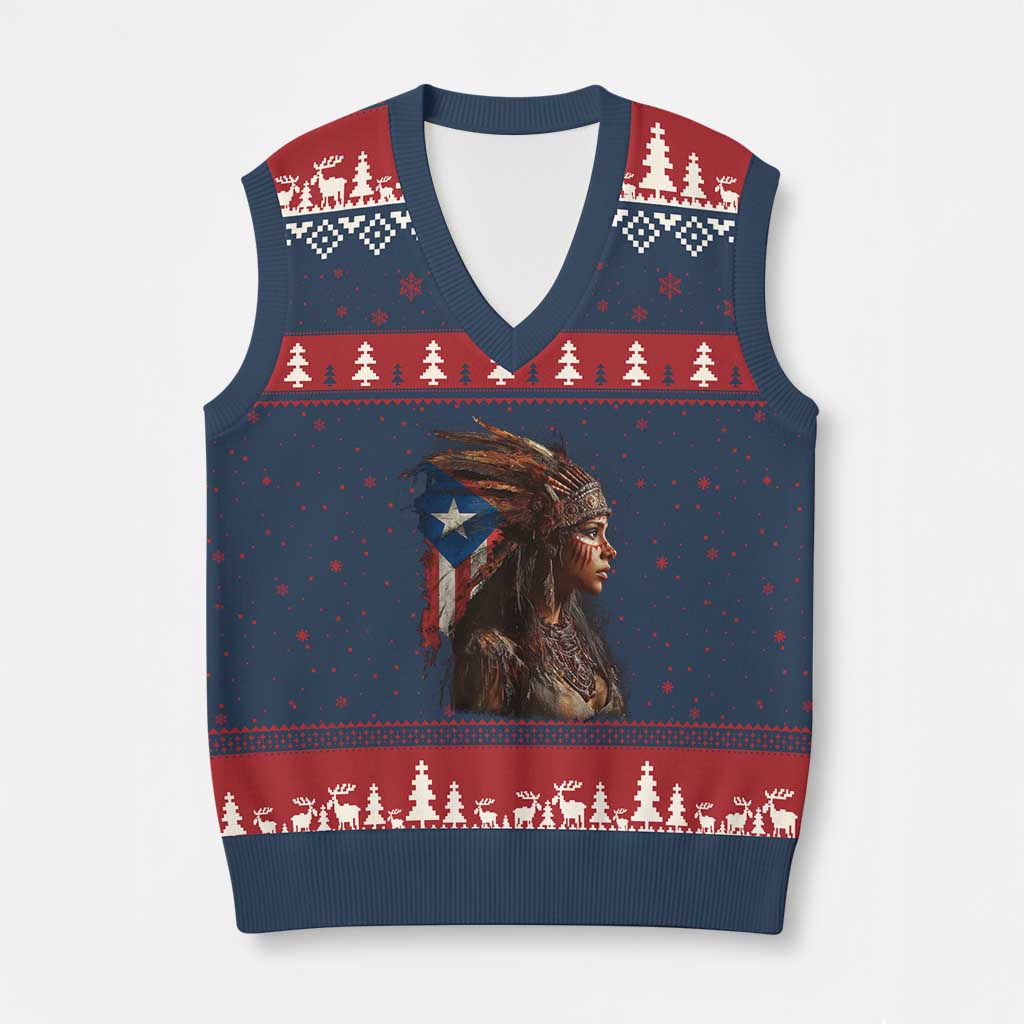 Puerto Rico Taino Warrior Woman V-Neck Knit Sweater Vest Boricua Pride TS10 Navy Red Print Your Wear