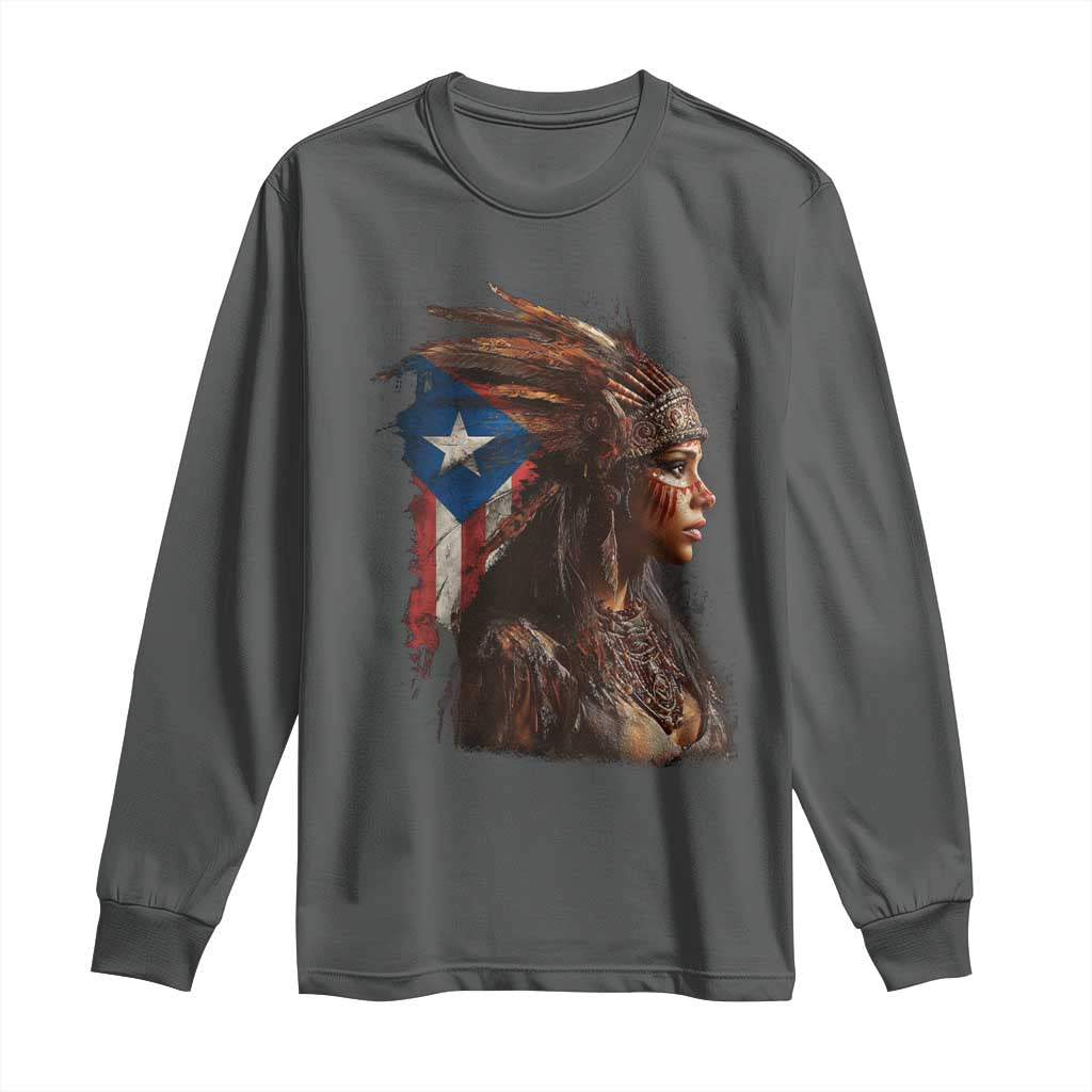 Puerto Rico Taino Warrior Woman Long Sleeve Shirt Boricua Pride TS10 Dark Heather Print Your Wear