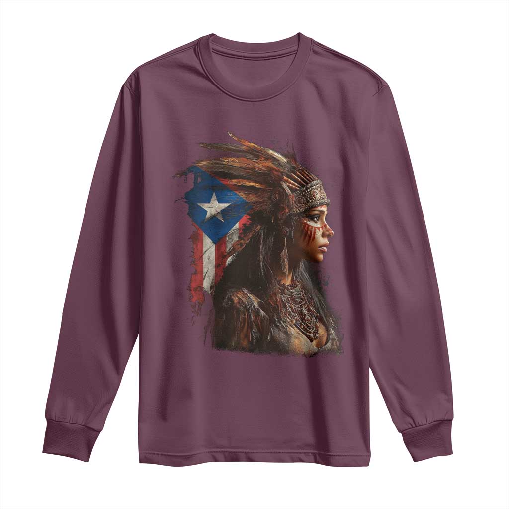 Puerto Rico Taino Warrior Woman Long Sleeve Shirt Boricua Pride TS10 Maroon Print Your Wear