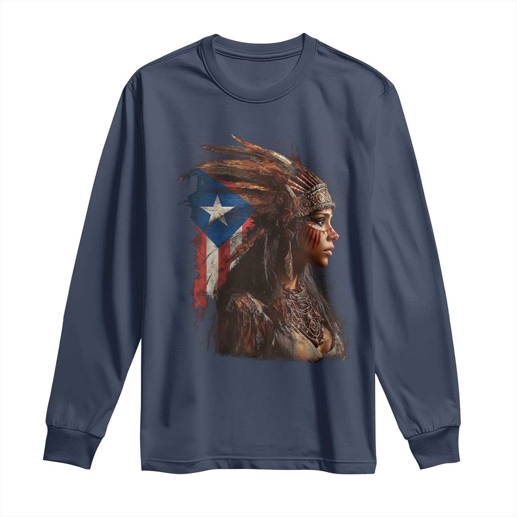 Puerto Rico Taino Warrior Woman Long Sleeve Shirt Boricua Pride TS10 Navy Print Your Wear