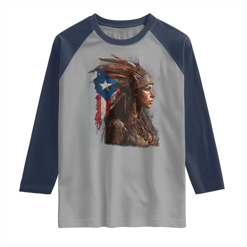 Puerto Rico Taino Warrior Woman Raglan Shirt Boricua Pride TS10 Sport Gray Navy Print Your Wear