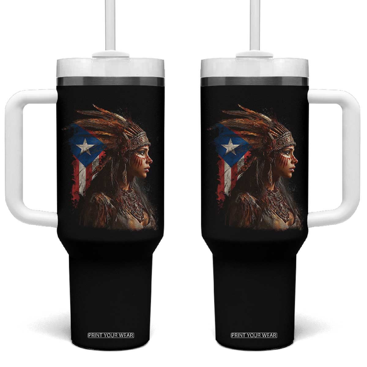 Puerto Rico Taino Warrior Woman Tumbler With Handle Boricua Pride TS10 One Size: 40 oz Black Print Your Wear