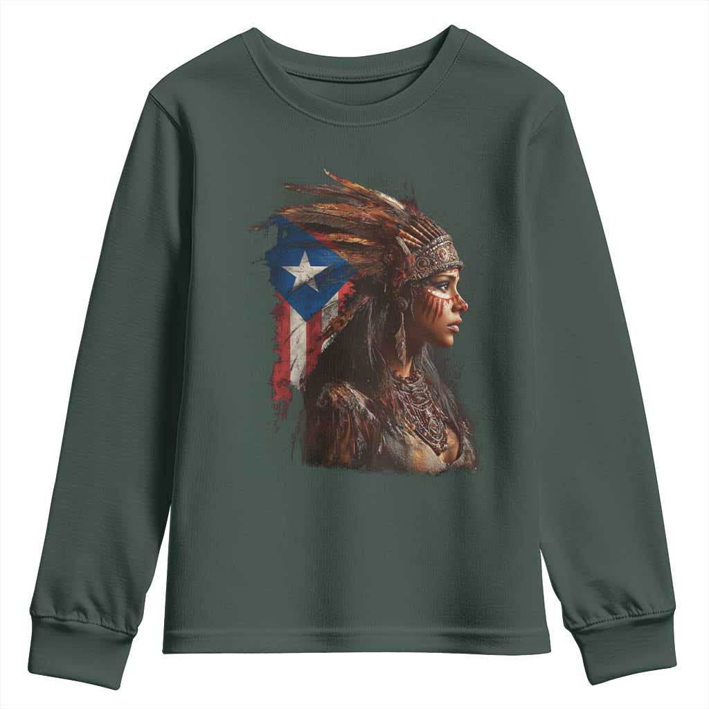 Puerto Rico Taino Warrior Woman Youth Sweatshirt Boricua Pride TS10 Dark Forest Green Print Your Wear