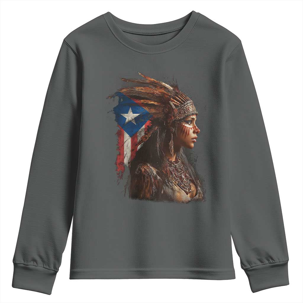Puerto Rico Taino Warrior Woman Youth Sweatshirt Boricua Pride TS10 Dark Heather Print Your Wear