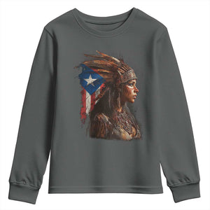 Puerto Rico Taino Warrior Woman Youth Sweatshirt Boricua Pride TS10 Dark Heather Print Your Wear
