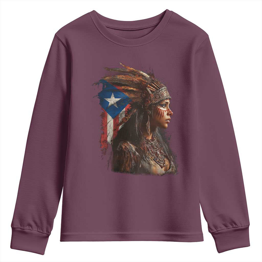 Puerto Rico Taino Warrior Woman Youth Sweatshirt Boricua Pride TS10 Maroon Print Your Wear