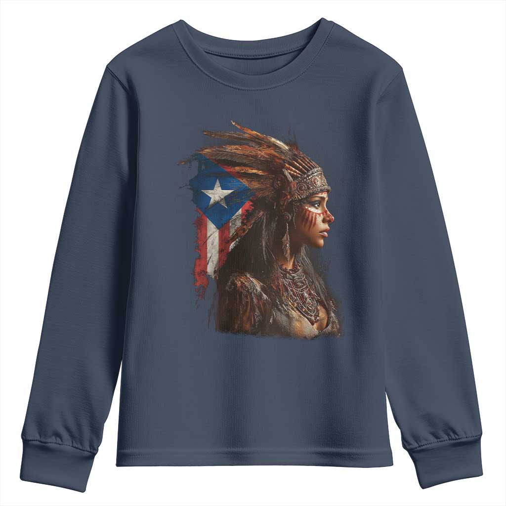 Puerto Rico Taino Warrior Woman Youth Sweatshirt Boricua Pride TS10 Navy Print Your Wear