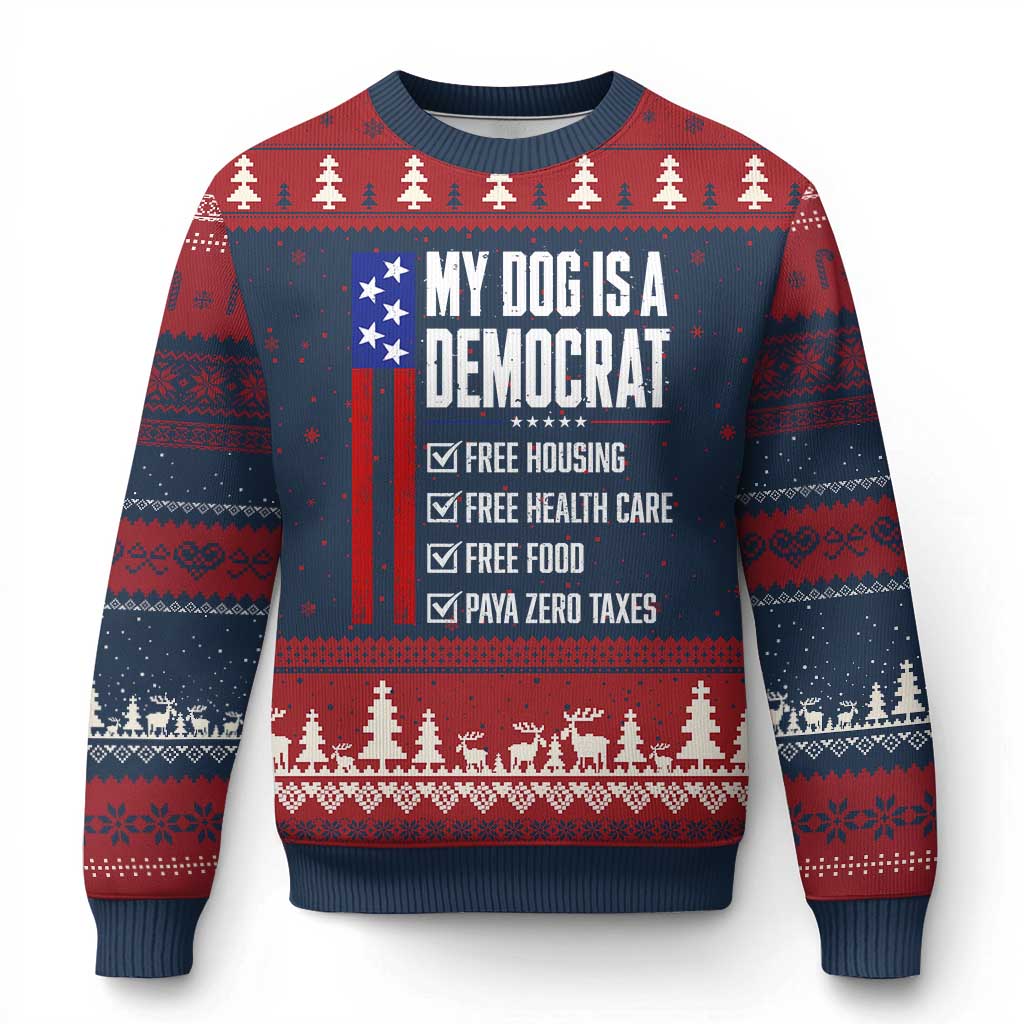 My Dog Is A Democrat Funny Political Satire Ugly Christmas Sweater Patriotic Dog Lover Graphic Subtle FDT Humor TS10 Navy Red Print Your Wear