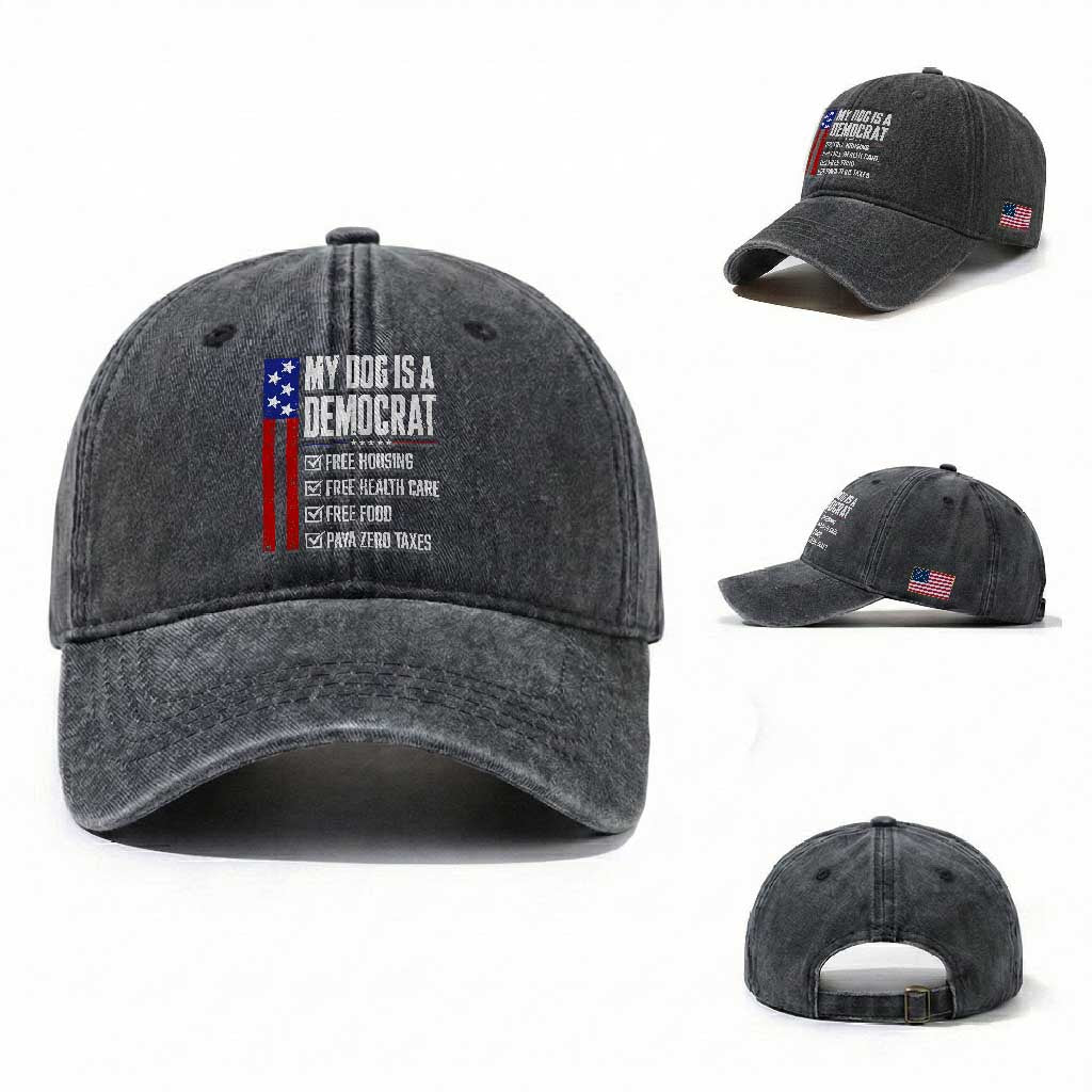My Dog Is A Democrat Funny Political Satire Washed Cotton Baseball Cap Patriotic Dog Lover Graphic Subtle FDT Humor TS10 Washed Cap Universal Fit Dark Gray Print Your Wear